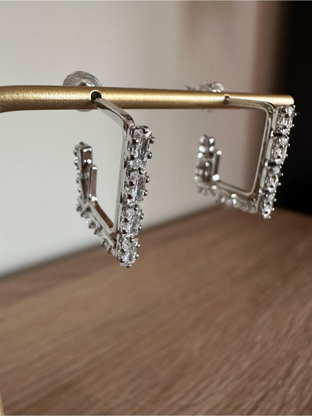 Silver Tone Baguette Crystal Square Hoop Earrings Geometric